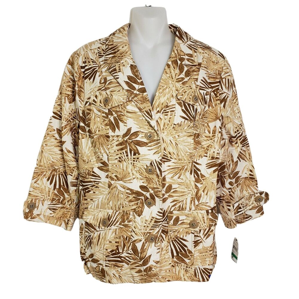 Studio Works Womens Blazer Jacket Large Linen Blend Palms Button Lined 3/4 Slv